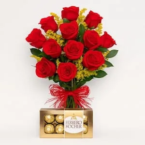 Buquê Premium de 12 Rosas Vermelhas com Ferrero Rocher