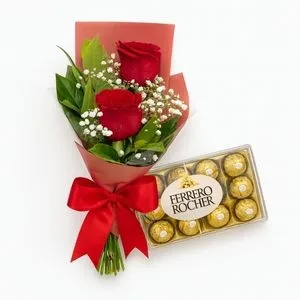 Buquê com 2 Rosas Vermelhas e Caixa de Ferrero Rocher