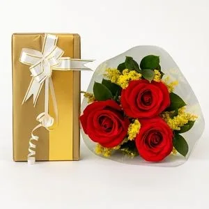 Buquê com 3 Rosas Vermelhas e Caixa de Bombons Lacta