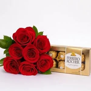 Buquê com 7 Rosas e Ferrero Rocher 100g