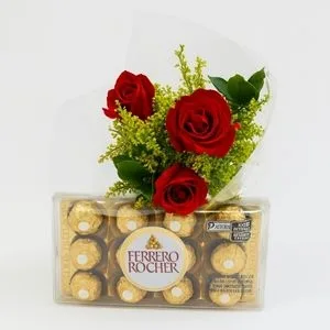 Buquê de 3 Rosas Vermelhas com Ferrero Rocher