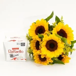 Buquê de 6 Girassóis com Caixa de Raffaello 150g