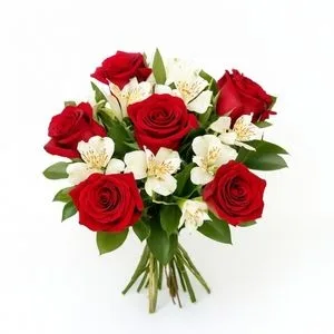 Buquê de 6 Rosas Vermelhas com Astromélias Brancas