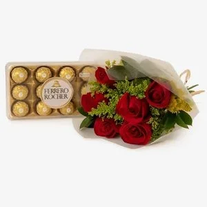 Buquê de 6 Rosas Vermelhas com Ferrero Rocher