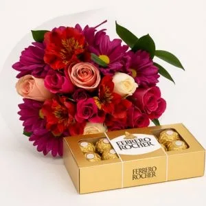 Buquê em Tons Rosados e Chocolates Ferrero Rocher
