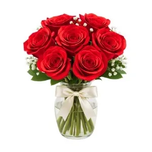 Arranjo Com 08 Rosas Vermelhas no Vaso de Vidro
