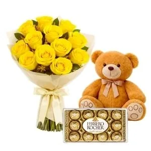 Buquê de 12 Rosas Amarelas com Chocolate e Pelúcia