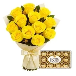 Buquê de 12 Rosas Amarelas com Chocolate