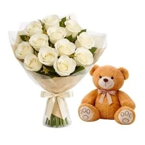 Buquê de 12 Rosas Brancas com Pelúcia