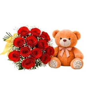 Buquê de 12 Rosas Vermelhas com Pelúcia