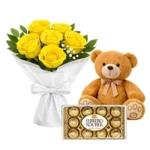 Buquê de 6 Rosas Amarelas com Chocolate e Pelúcia
