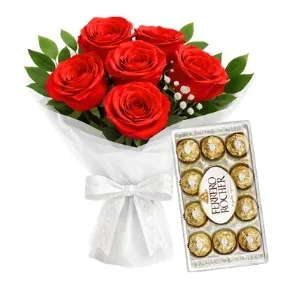 Buquê de 6 Rosas Vermelhas com Chocolate