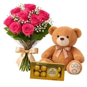 Buquê de 8 Rosas Pink com Pelúcia e Caixa de Bombons Ferrero Rocher