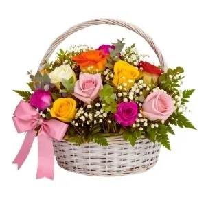 Cesta com 12 Rosas Coloridas