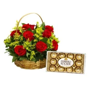 Cesta de 9 Rosas Vermelhas e Chocolate