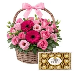 Cesta de Flores Mistas Rosada com Chocolate