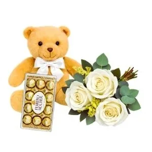 Ramalhete de 3 Rosas Brancas com Ferrero Rocher e Pelúcia