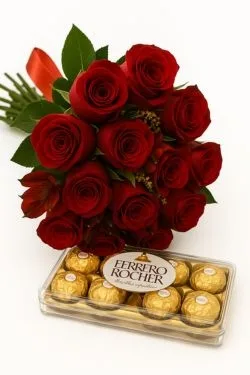 Buquê 12 Rosas Vermelhas Com Ferrero Rocher