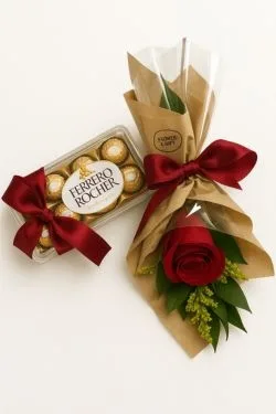 Buquê de 1 Rosa Vermelha e Chocolate