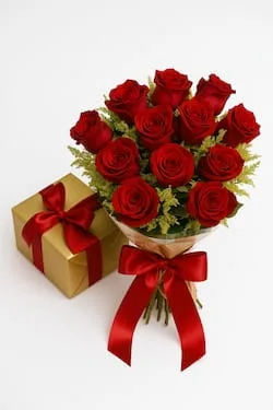 Buquê de 12 Rosas Vermelhas e Caixa de Chocolate