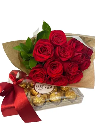 Buquê de 12 Rosas Vermelhas e Chocolate