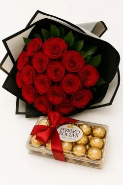 Buquê de 18 Rosas Vermelhas e Chocolate