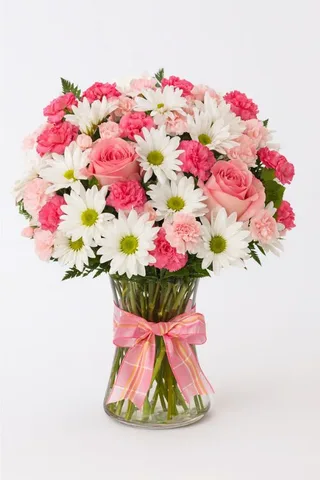 Buquê Encanto Rosa com Margaridas e Cravos no Vaso de Vidro