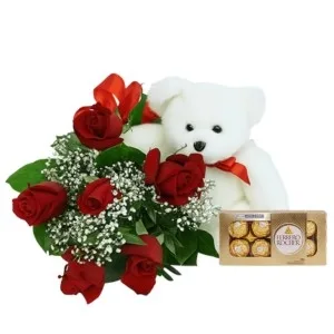 Bouquet 6 Rosas + Urso + Ferrero T8
