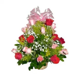Cesta Redonda de Rosas Vermelhas e Rosadas