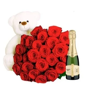 Urso com 24 Rosas Vermelhas + Chandon Baby
