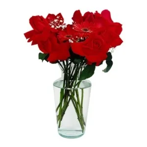 Vaso de Vidro de Rosas Importadas com Gérberas