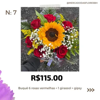 Buquê de rosas, girassol e flores do campo