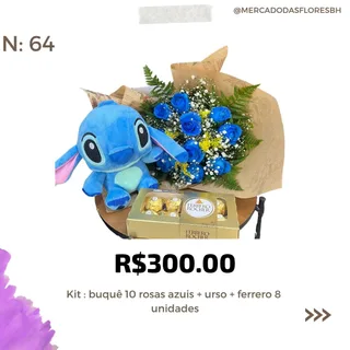 Kit: Buquê de rosas azuis com chocolate e pelúcia Stitch