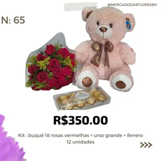 Kit: Buquê de rosas, chocolates e pelúcia grande