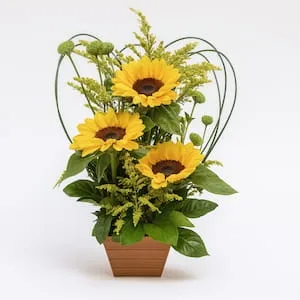 Arranjo com 3 Girassóis Naturais em Vaso de Madeira