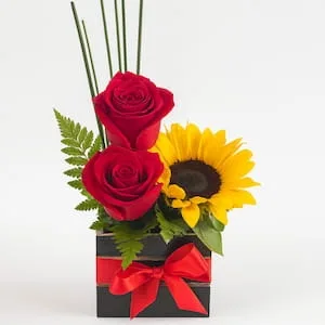 Arranjo com Duas Rosas Vermelhas e Girassol em Vaso Decorado