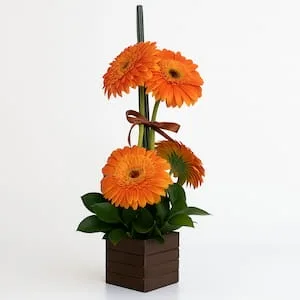 Arranjo de Gérberas Laranja em Vaso de Madeira