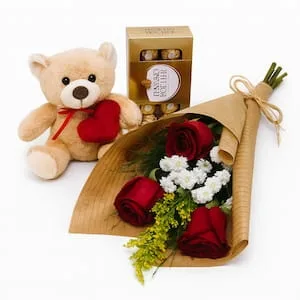 Buquê com 3 Rosas Vermelhas, Urso de Pelúcia e Ferrero Rocher