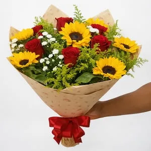 Buquê com Girassóis, Rosas Vermelhas, Áster e Folhagens
