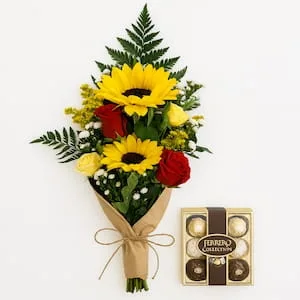 Buquê com Girassóis, Rosas Vermelhas e Amarelas com Ferrero Collection