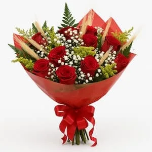 Buquê de Rosas Vermelhas com Trigo e Gipsofila