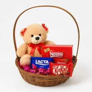 Cesta com Chocolates e Pelúcia