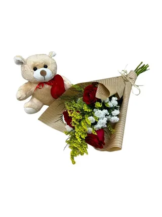 Combo Trio de Rosas Vermelhas com Pelúcia