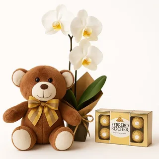 Orquídea Branca com Pelúcia e Ferrero Rocher